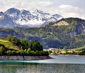 Preview wallpaper river, shore, mountain, village, landscape