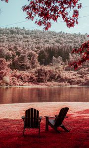 Preview wallpaper river, shore, rest, chairs, forest, nature