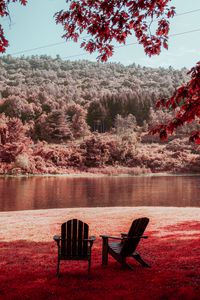 Preview wallpaper river, shore, rest, chairs, forest, nature