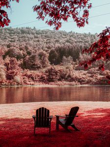 Preview wallpaper river, shore, rest, chairs, forest, nature