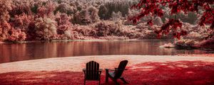 Preview wallpaper river, shore, rest, chairs, forest, nature