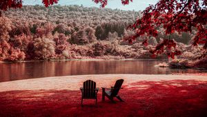 Preview wallpaper river, shore, rest, chairs, forest, nature