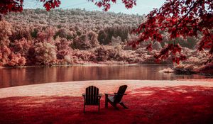 Preview wallpaper river, shore, rest, chairs, forest, nature