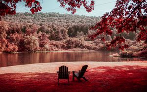 Preview wallpaper river, shore, rest, chairs, forest, nature