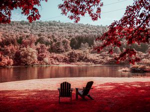 Preview wallpaper river, shore, rest, chairs, forest, nature