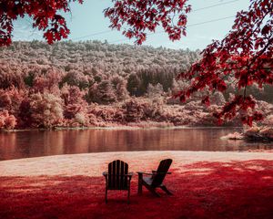 Preview wallpaper river, shore, rest, chairs, forest, nature