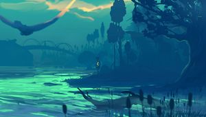 Preview wallpaper river, shore, silhouette, dark, art