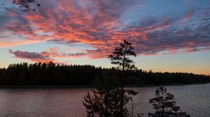 Preview wallpaper river, shore, trees, clouds, dusk