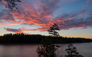 Preview wallpaper river, shore, trees, clouds, dusk