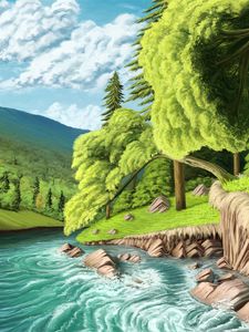 Preview wallpaper river, shore, trees, landscape, art