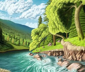 Preview wallpaper river, shore, trees, landscape, art