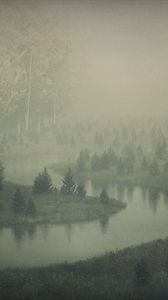 Preview wallpaper river, shore, trees, fog, art