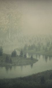 Preview wallpaper river, shore, trees, fog, art