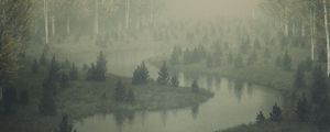 Preview wallpaper river, shore, trees, fog, art