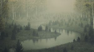 Preview wallpaper river, shore, trees, fog, art