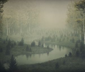 Preview wallpaper river, shore, trees, fog, art
