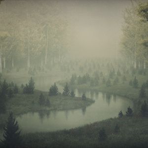 Preview wallpaper river, shore, trees, fog, art