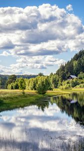 Preview wallpaper river, shore, trees, grass, clouds, reflection