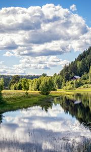 Preview wallpaper river, shore, trees, grass, clouds, reflection