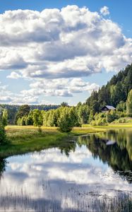 Preview wallpaper river, shore, trees, grass, clouds, reflection