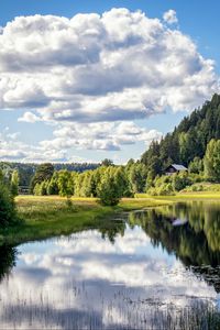Preview wallpaper river, shore, trees, grass, clouds, reflection