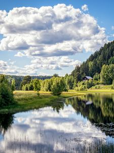 Preview wallpaper river, shore, trees, grass, clouds, reflection