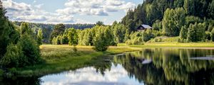 Preview wallpaper river, shore, trees, grass, clouds, reflection