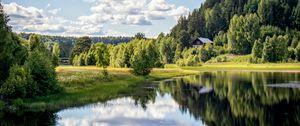 Preview wallpaper river, shore, trees, grass, clouds, reflection