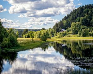 Preview wallpaper river, shore, trees, grass, clouds, reflection