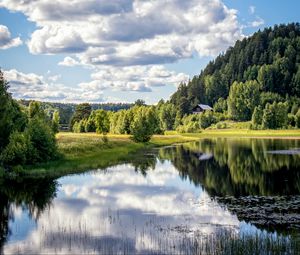 Preview wallpaper river, shore, trees, grass, clouds, reflection