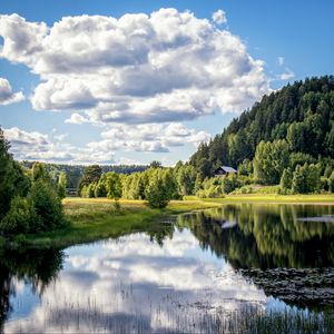 Preview wallpaper river, shore, trees, grass, clouds, reflection