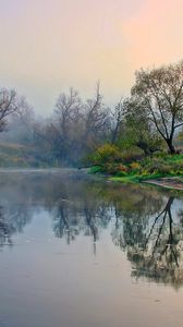 Preview wallpaper river, shore, trees, mist, morning, landscape, awakening