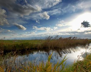 Preview wallpaper river, sky, clouds, air jordan