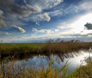 Preview wallpaper river, sky, clouds, air jordan