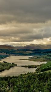 Preview wallpaper river, sky, gloomy, valley, cloudy