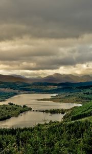 Preview wallpaper river, sky, gloomy, valley, cloudy