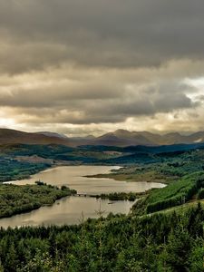 Preview wallpaper river, sky, gloomy, valley, cloudy