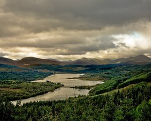 Preview wallpaper river, sky, gloomy, valley, cloudy