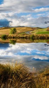 Preview wallpaper river, sky, grass, summer, beach