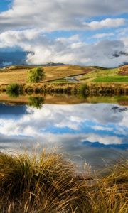 Preview wallpaper river, sky, grass, summer, beach