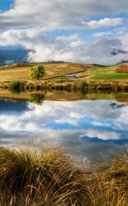 Preview wallpaper river, sky, grass, summer, beach