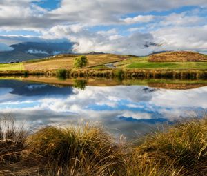 Preview wallpaper river, sky, grass, summer, beach