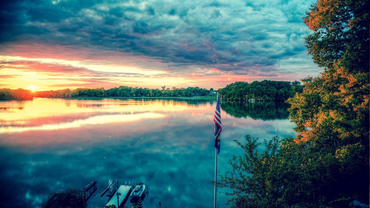 Wallpaper river, sky, trees, summer, flag