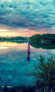 Preview wallpaper river, sky, trees, summer, flag