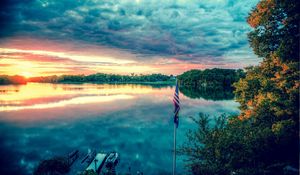 Preview wallpaper river, sky, trees, summer, flag