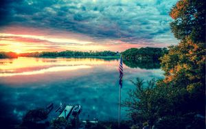 Preview wallpaper river, sky, trees, summer, flag