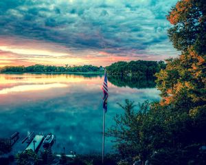 Preview wallpaper river, sky, trees, summer, flag