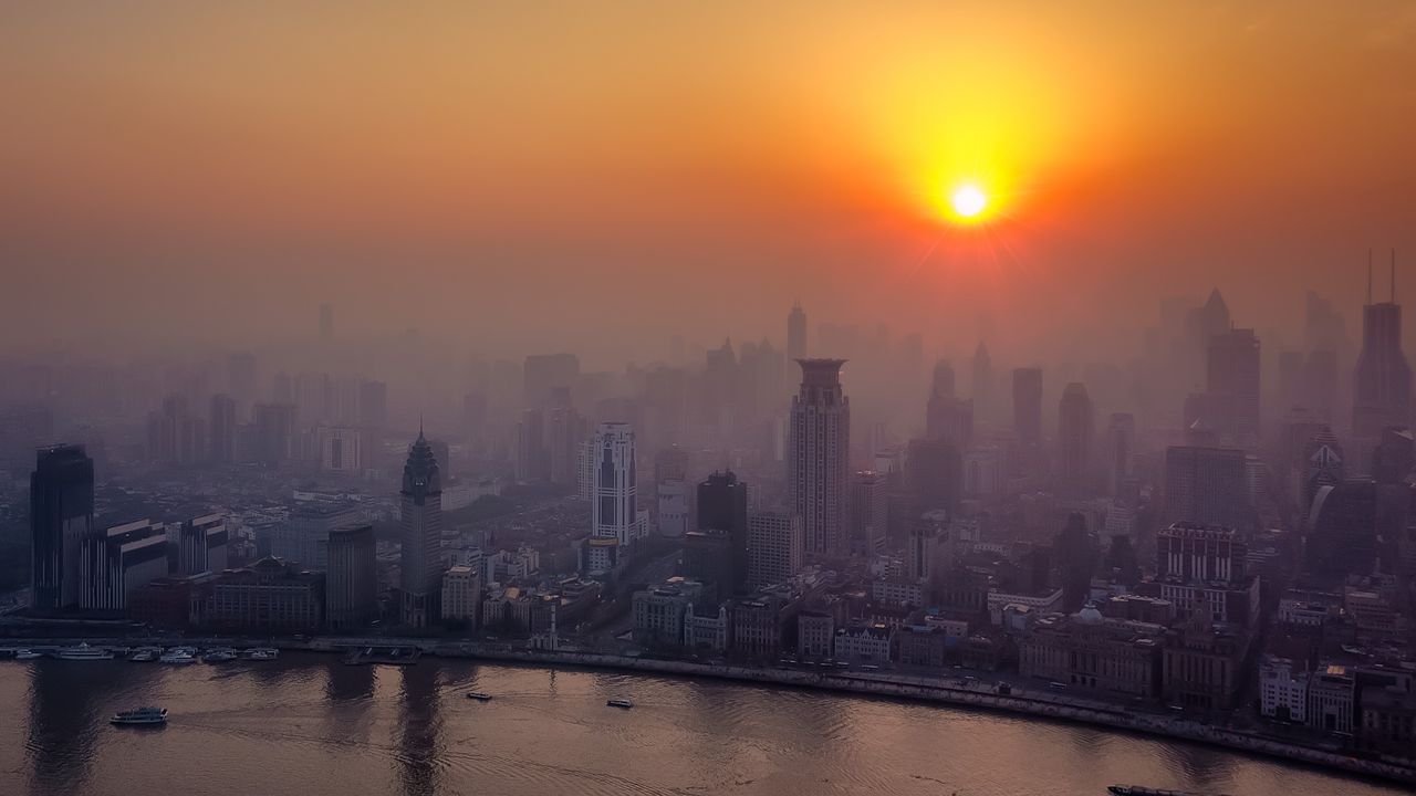 Wallpaper river, skyscrapers, dawn, fog, city