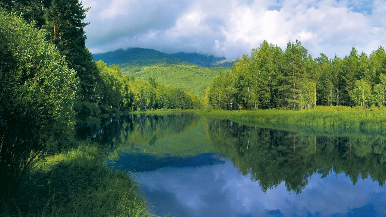 Wallpaper river, smooth surface, trees, hills, water
