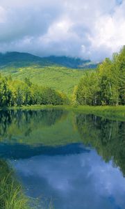 Preview wallpaper river, smooth surface, trees, hills, water